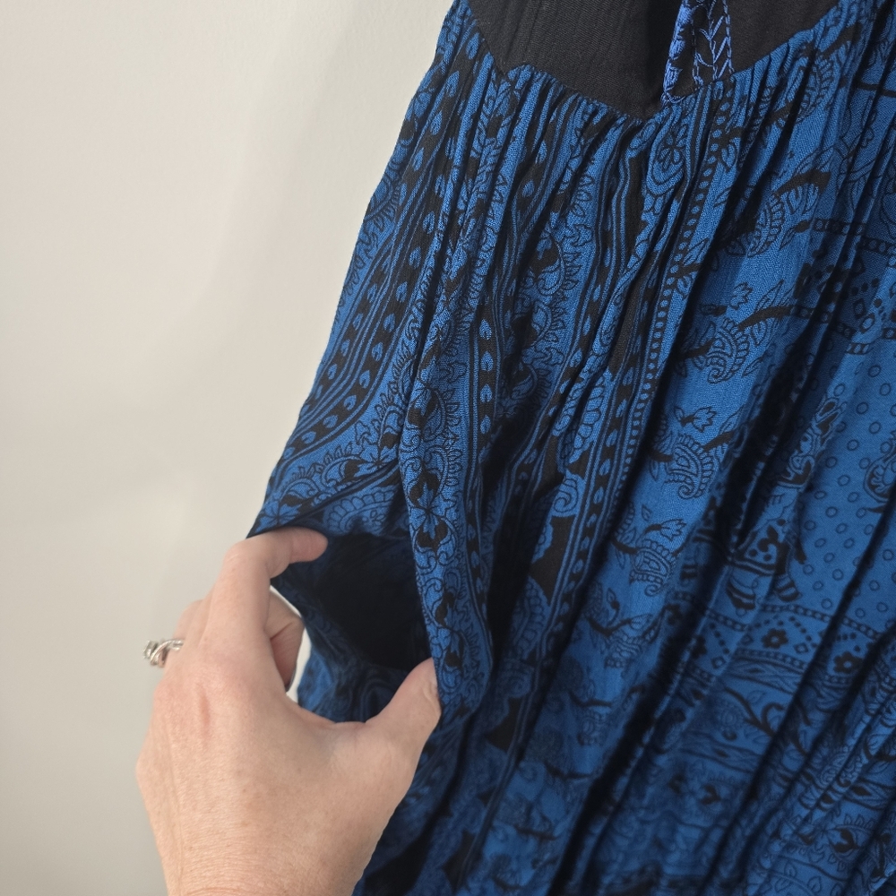 Free People In Search of Paradise A Line Printed Skirt Midi Dress L Blue/Black - Picture 9 of 15